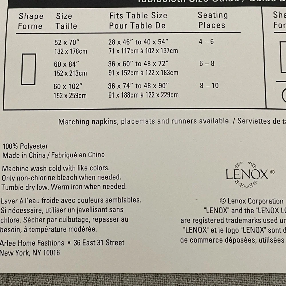 NEW Lenox French Perle Tablecloth with Storage Bag 60